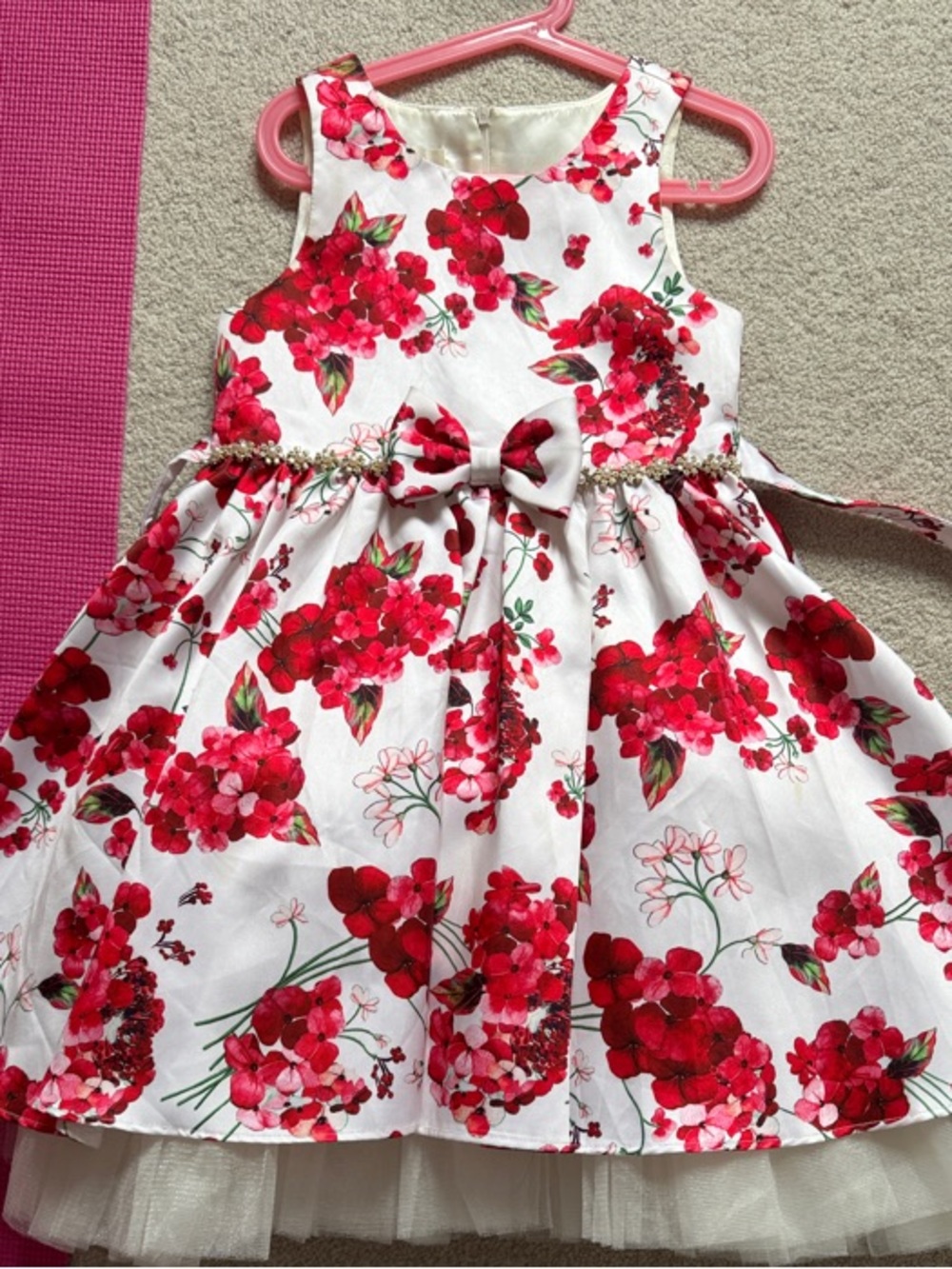 Red Floral Tulle Hem Girls' Dress